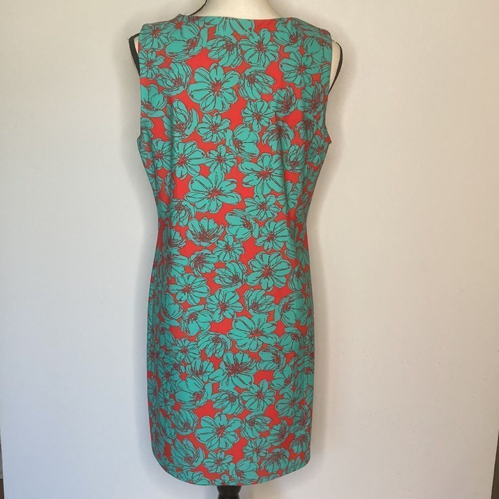 Axueh sheath dress, Floral Turquoise/Coral, wrinkle free Size Large - Picture 6 of 12
